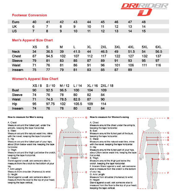 DRI RIDER JACKET SIZE CHART