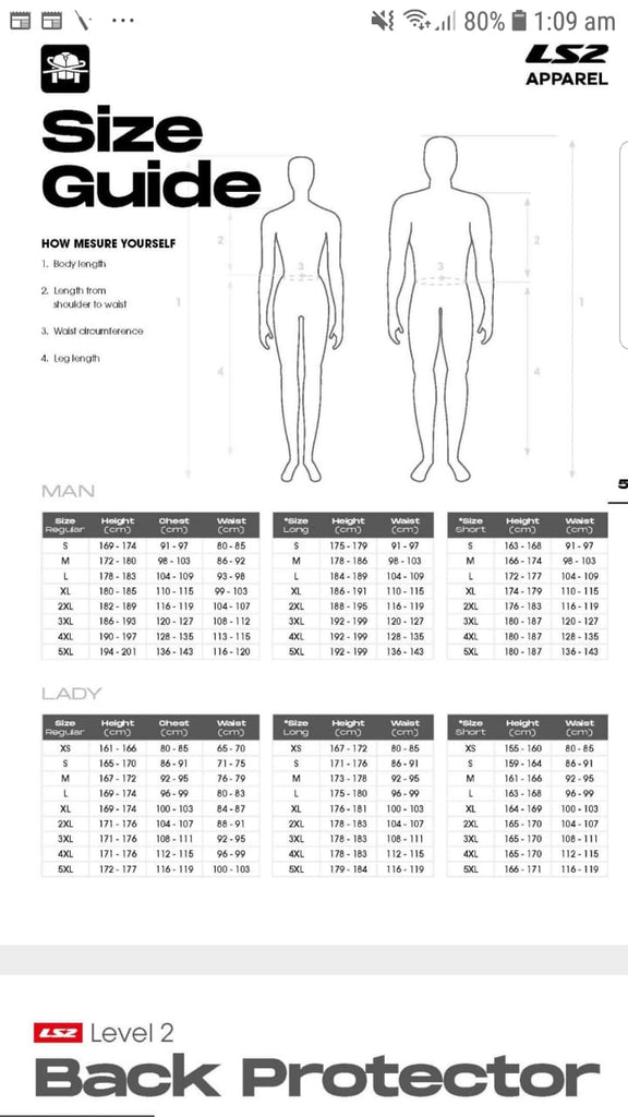 LS2 JACKET SIZE CHART